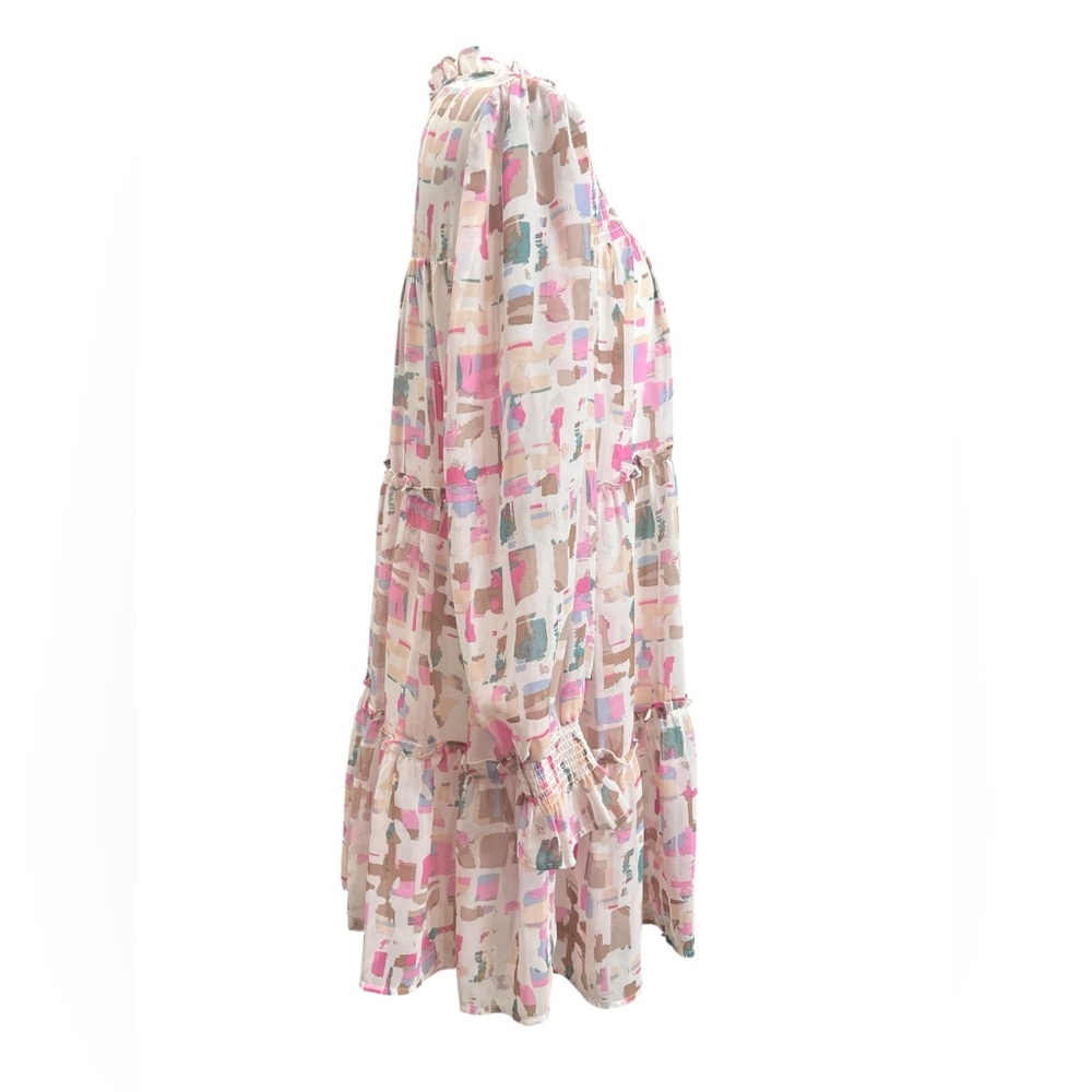 Entro Pink Abstract Print Smocked Tiered Ruffle Long Sleeve Mini Dress Medium - Picture 6 of 11